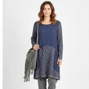 Flax Blue 100% Linen Long Sleeve Two Tone Tunic Top P